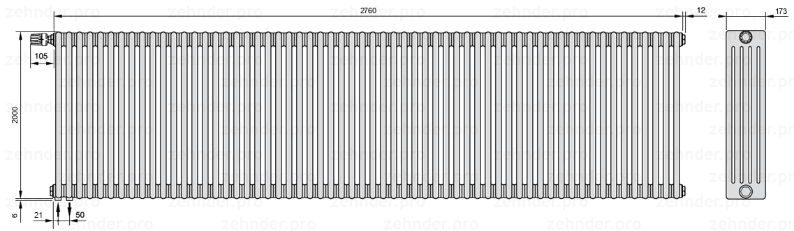 Схема (чертеж) Радиатор Zehnder Charleston 5200/60 №V001 Белый глянцевый RAL 9016